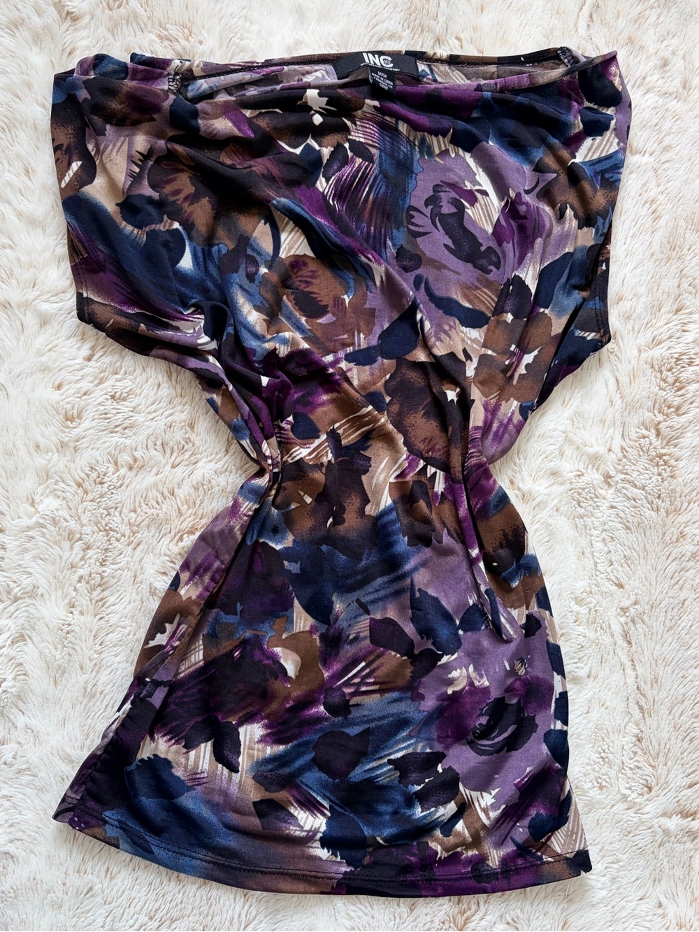 Vintage Y2K INC Floral Off Shoulder Ruched Snatched Top Purple Blue Fairy Grunge